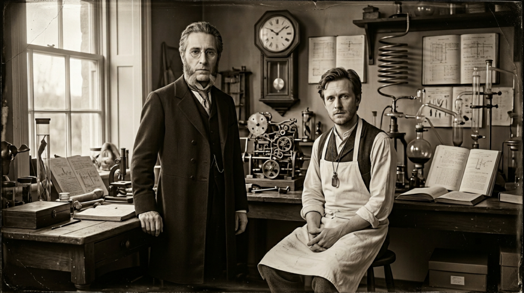 Le Professeur Thadeus Brown et son assistant Antheaume Leblanc dans le laboratoire, tirage albumine sépia, janvier 2026