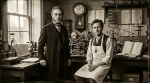 Le Professeur Thadeus Brown et son assistant Antheaume Leblanc dans le laboratoire, tirage albumine sépia, janvier 2026