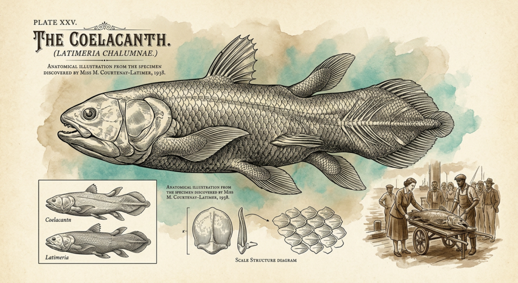 Planche naturaliste victorienne, coelacanthe Latimeria chalumnae, poisson fossile vivant redécouvert en 1938 — illustration Thadeus' Worlds