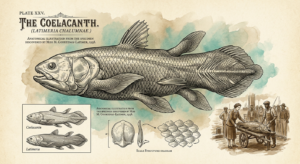 Planche naturaliste victorienne, coelacanthe Latimeria chalumnae, poisson fossile vivant redécouvert en 1938 — illustration Thadeus' Worlds