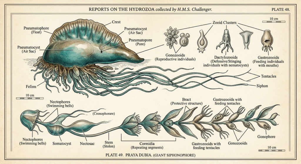 Planche naturaliste victorienne, siphonophore Physalia physalis, colonie de zoïdes spécialisés — illustration Thadeus' Worlds