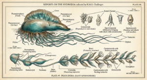 Planche naturaliste victorienne, siphonophore Physalia physalis, colonie de zoïdes spécialisés — illustration Thadeus' Worlds