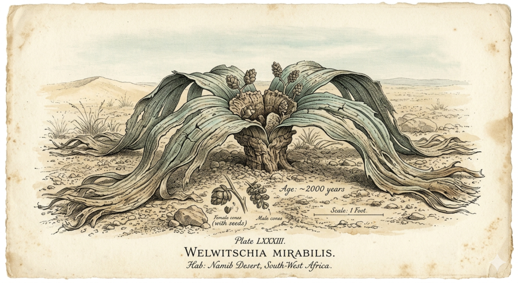 Planche naturaliste victorienne, Welwitschia mirabilis — spécimen botanique, survie extrême, Thadeus' Worlds