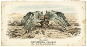 Planche naturaliste victorienne, Welwitschia mirabilis — spécimen botanique, survie extrême, Thadeus' Worlds