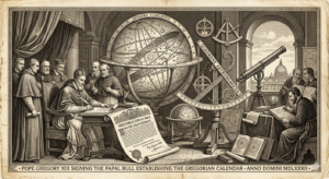 Illustration naturaliste victorienne, calendrier grégorien — réforme papale, diagramme astronomique, Thadeus' Worlds