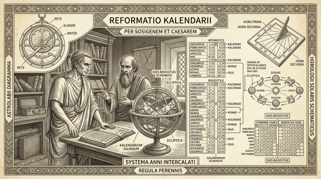 Gravure scientifique victorienne, calendrier julien — tablette astronomique romaine, Jules César, Thadeus' Worlds