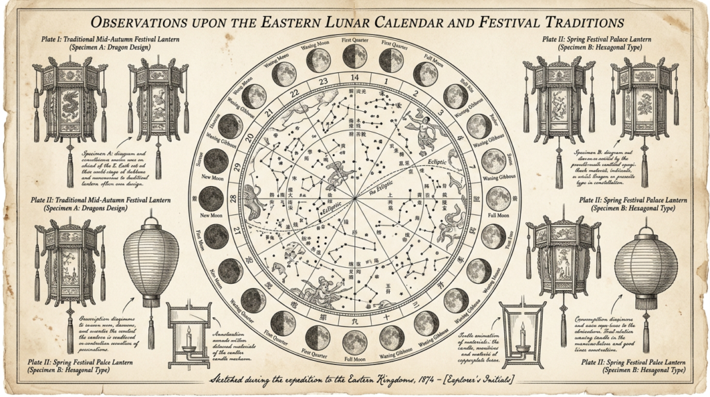 Illustration orientaliste victorienne, calendrier lunaire chinois — diagramme phases de lune, Cheval de Printemps, Thadeus' Worlds