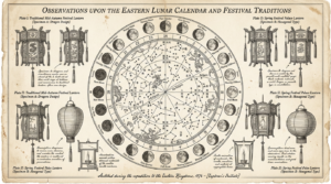 Illustration orientaliste victorienne, calendrier lunaire chinois — diagramme phases de lune, Cheval de Printemps, Thadeus' Worlds