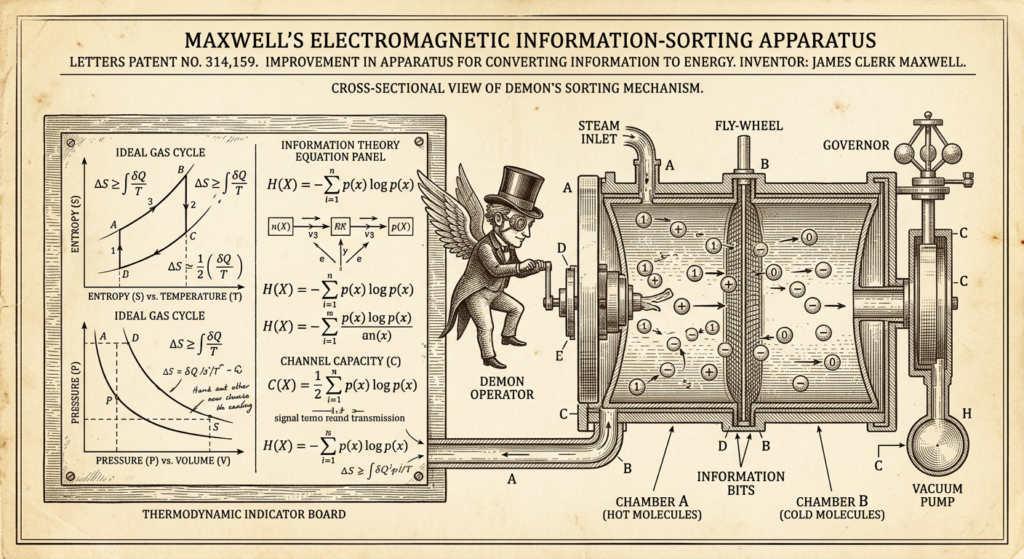 Schéma de brevet victorien, démon de Maxwell comme dispositif mécanique, entropie informationnelle Shannon Boltzmann — Thadeus' Worlds