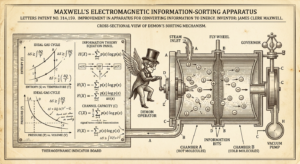 Schéma de brevet victorien, démon de Maxwell comme dispositif mécanique, entropie informationnelle Shannon Boltzmann — Thadeus' Worlds
