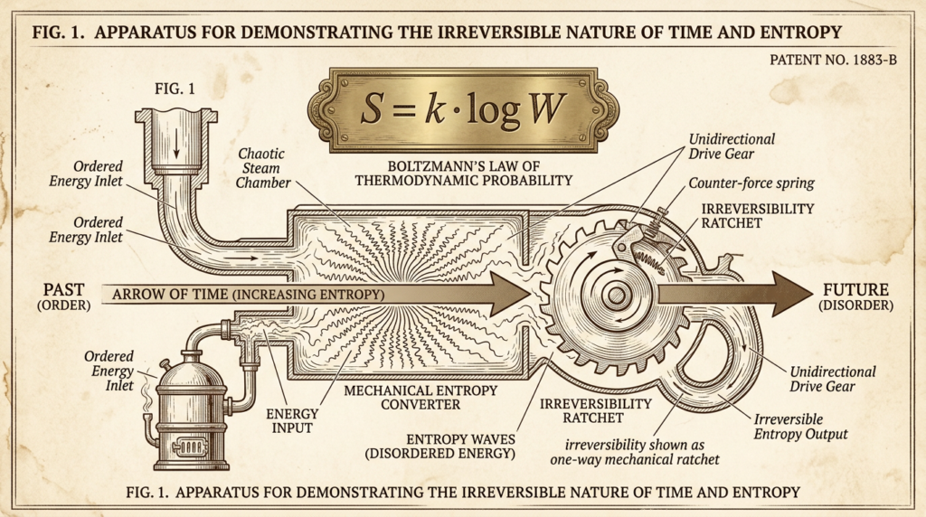Schéma de brevet victorien, flèche du temps — entropie, ondes, diagramme mécanique, Thadeus' Worlds