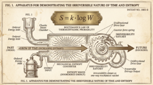 Schéma de brevet victorien, flèche du temps — entropie, ondes, diagramme mécanique, Thadeus' Worlds
