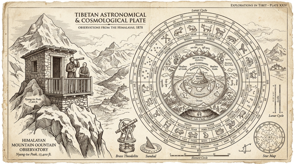 Illustration naturaliste victorienne, Losar — roue astronomique tibétaine, calendrier bouddhiste, Thadeus' Worlds
