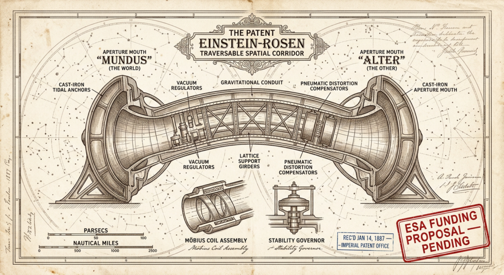 Blueprint victorien, trou de ver — coupe transversale, diagramme Einstein-Rosen, infrastructure, Thadeus' Worlds