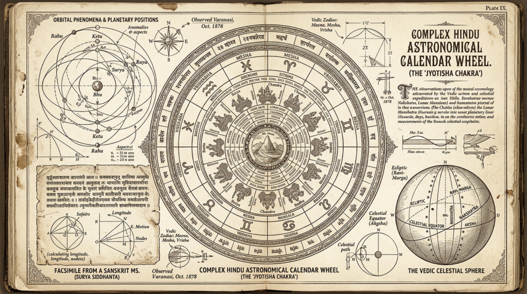 Gravure orientaliste victorienne, Vikrama Samvat — roue astronomique hindoue, positions planétaires, Thadeus' Worlds