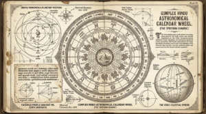 Gravure orientaliste victorienne, Vikrama Samvat — roue astronomique hindoue, positions planétaires, Thadeus' Worlds