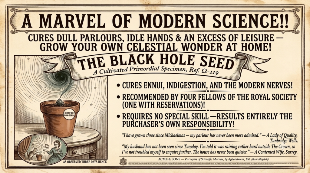 Réclame publicitaire victorienne du catalogue ACME Scientific Supplies pour un cristal d'espace-temps — illustration Thadeus' Worlds