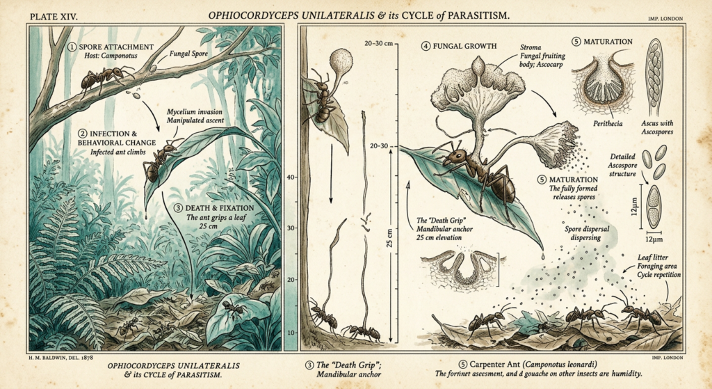 Ophiocordyceps, champignon parasite manipulateur — illustration Thadeus' Worlds