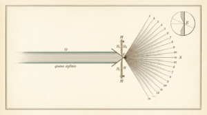 Schéma scientifique victorien d'un faisceau lumineux tronqué par un obturateur, se divisant en une multitude de rayons — illustration Thadeus' Worlds