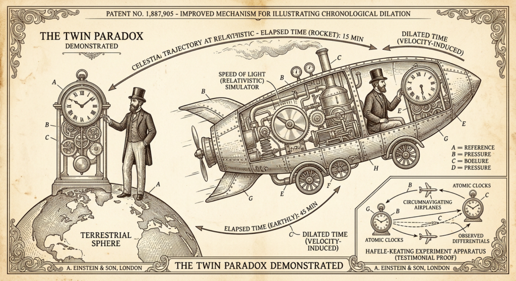 Schéma de brevet victorien illustrant le paradoxe des jumeaux, deux figures identiques dont une en voyage — illustration Thadeus' Worlds