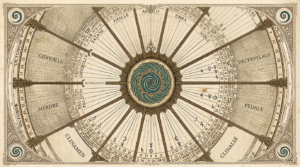 Carte astronomique victorienne d'une roue calendaire à treize secteurs nommés d'après le calendrier pataphysique — Absolu, Haha, Décervelage, Merdre, Gidouille… —, spirale gidouille turquoise au centre — illustration Thadeus' Worlds