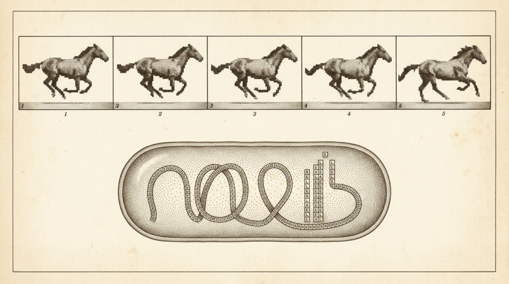 Frise de cinq images d'un cheval au galop façon Muybridge, et bactérie dont l'ADN empile des segments comme des lettres — illustration Thadeus' Worlds