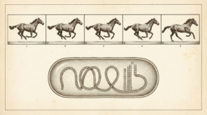 Frise de cinq images d'un cheval au galop façon Muybridge, et bactérie dont l'ADN empile des segments comme des lettres — illustration Thadeus' Worlds